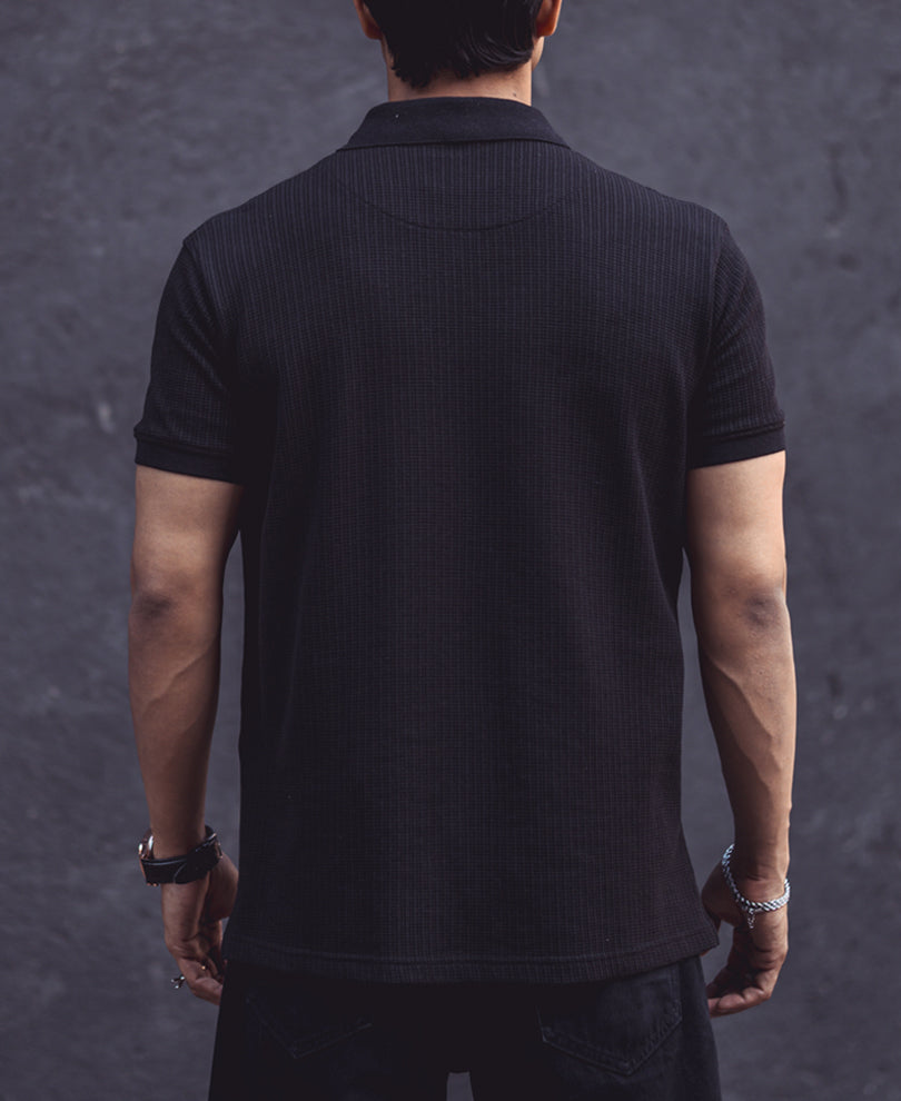 Black Structured Half Sleeves Zipper T Shirt