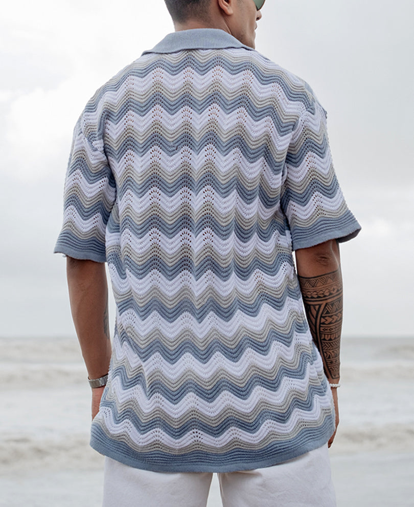 Sky Blue Structured Striped Oversized Fit Half Sleeves Shirt