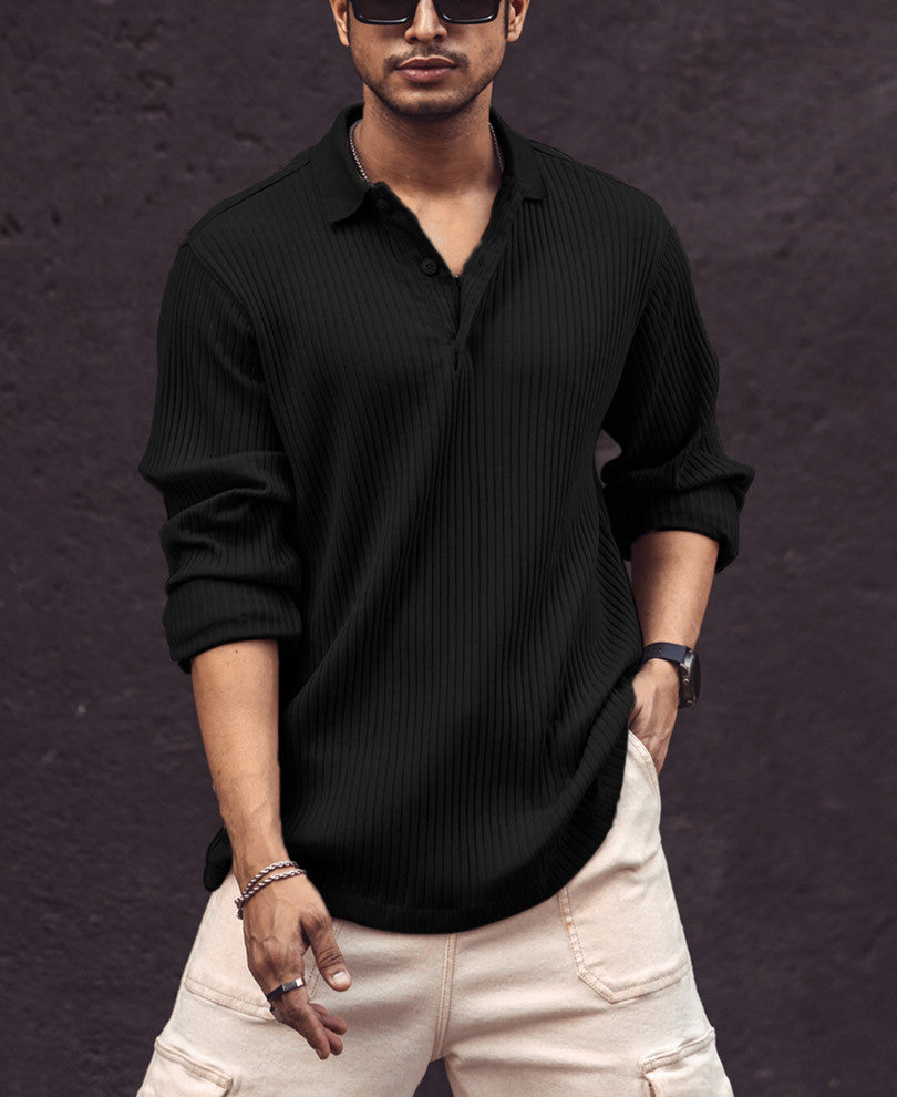 Black Rib Knit Full Sleeves T Shirt