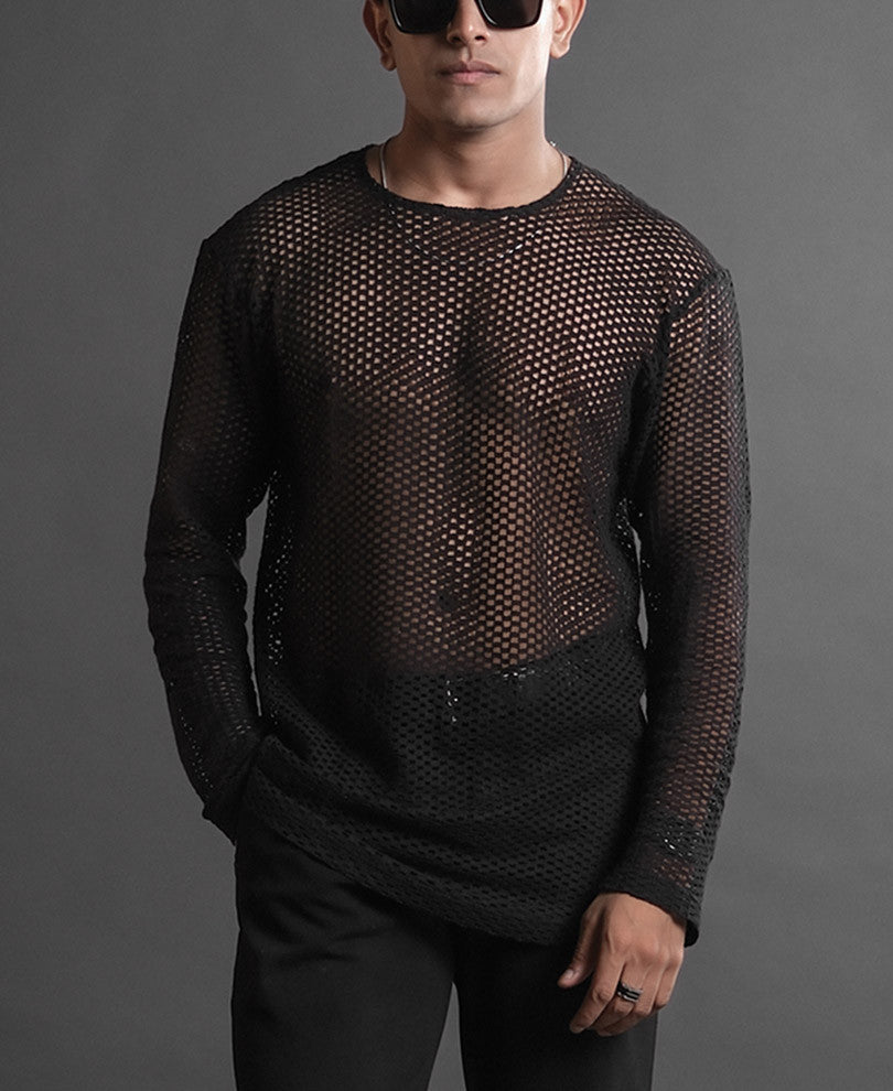 Black Crochet Full Sleeves Oversized T Shirt