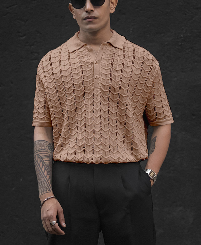 Beige Crochet Knit Half Sleeves T Shirt