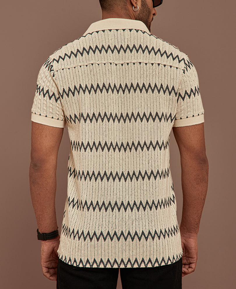 Off White Crochet Zigzag Striped Half Sleeves Shirt