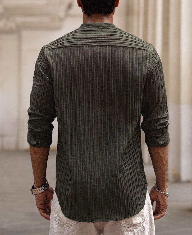 Dark Green Striped Full Sleeves Shirt