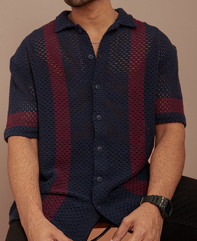 Dark Blue and Maroon Crochet Knit Striped Oversized Shirt