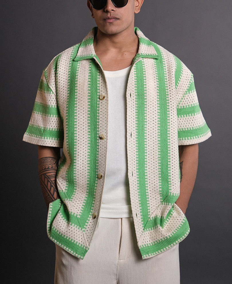 Off White and Green Crochet Knit Striped Oversized Shirt