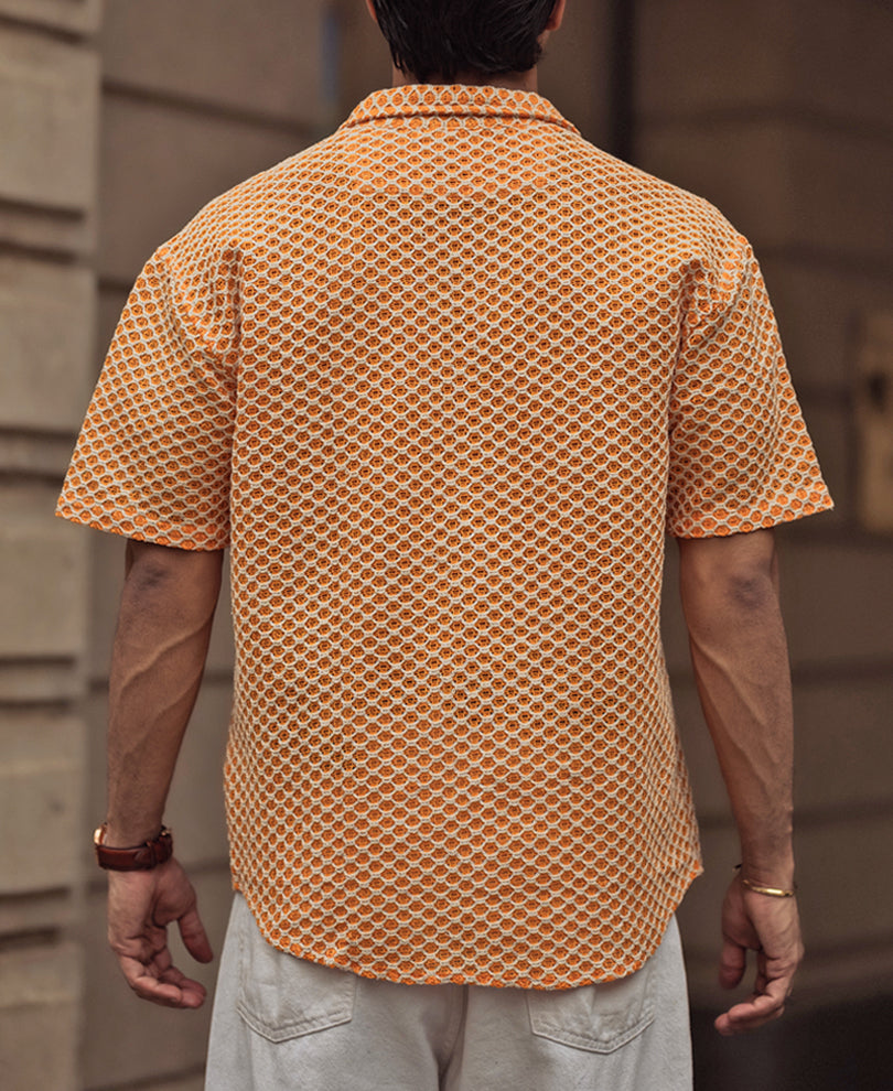 Orange and White Crochet Knit Oversized Shirt