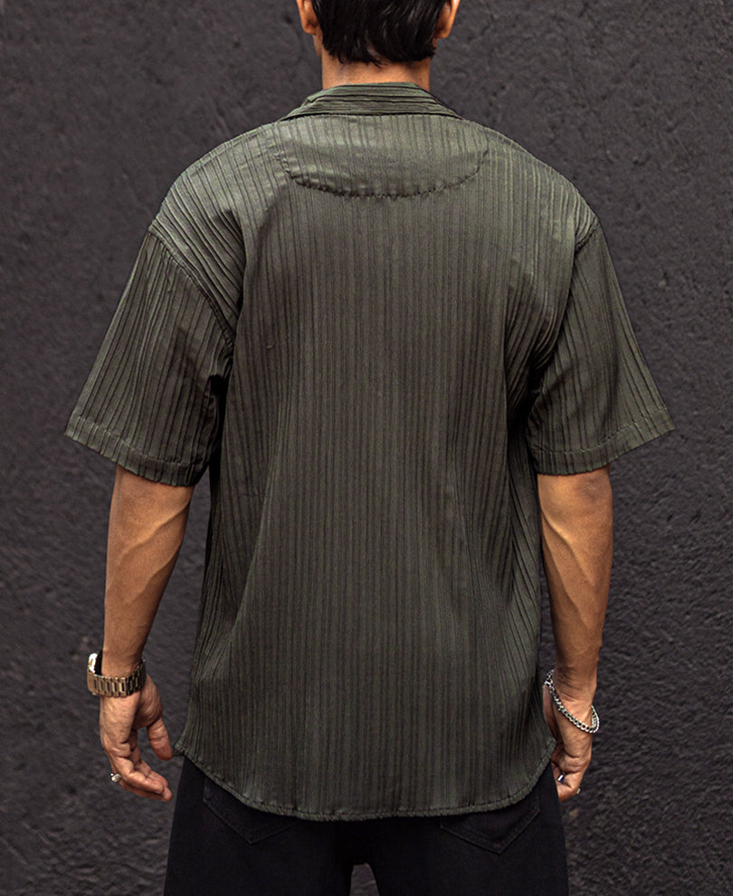 Olive Green Structured Striped Oversized Half Sleeves Shirt