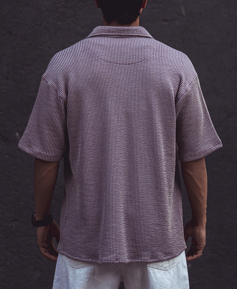 Purple Structured Knitted Shacket Oversized Half Sleeves Shirt