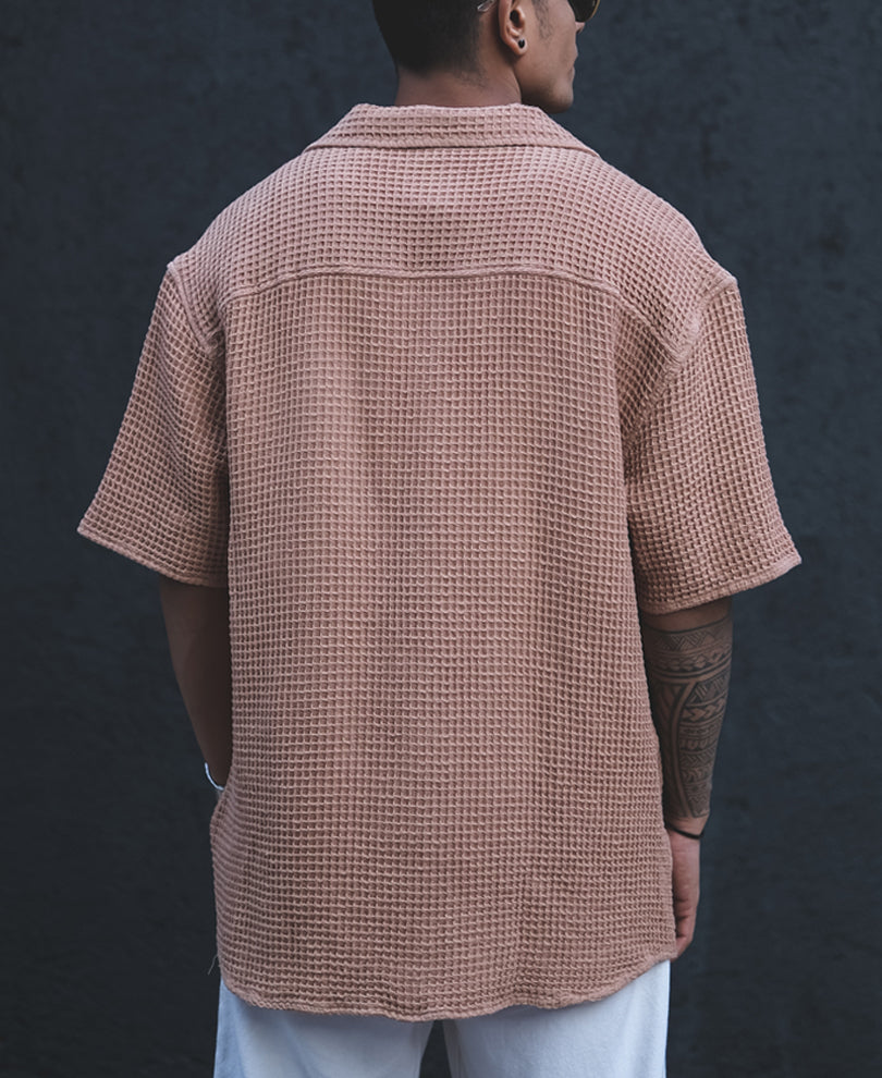 Camel Waffle Structured Oversized Half Sleeves Shirt