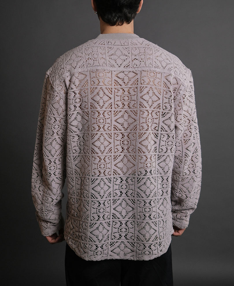 Grey Crochet Knit Oversized Kurta Style Full Sleeves Shirt