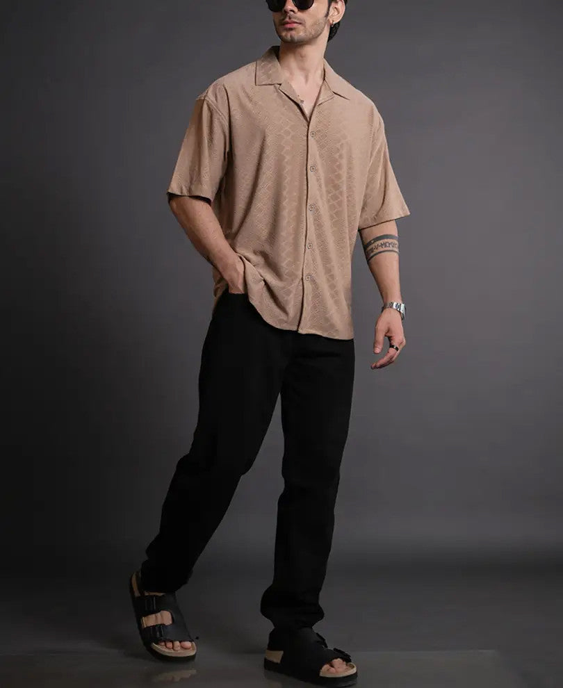 Camel Structured Oversized Half Sleeves Shirt