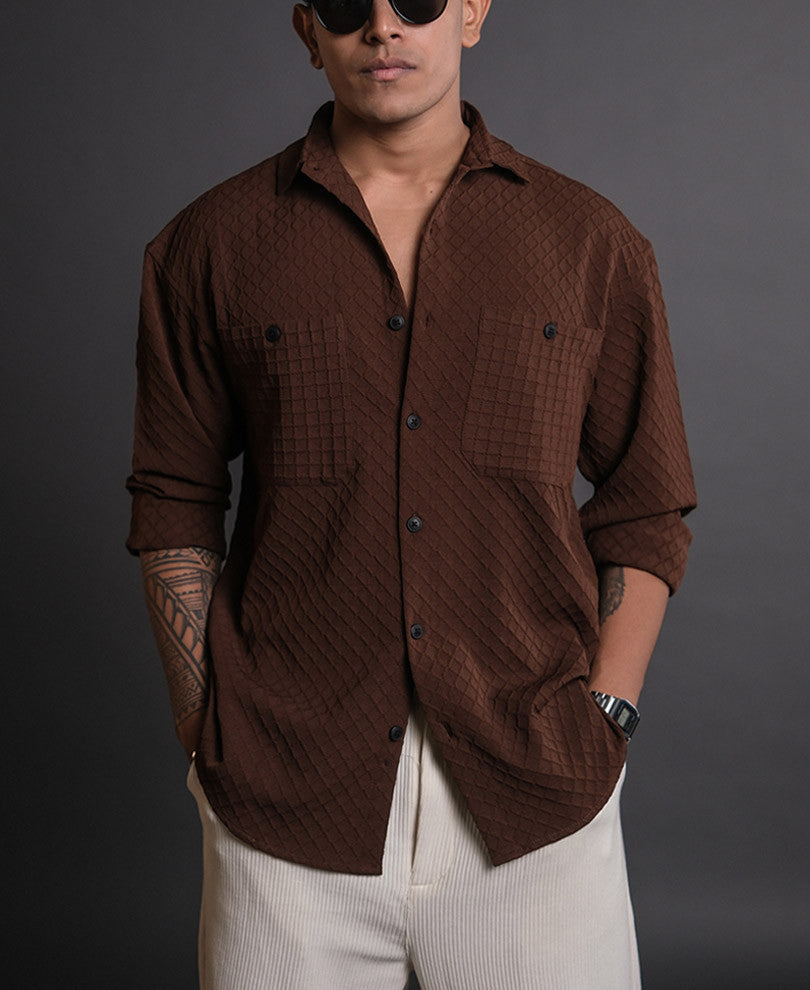 Brown Structured Oversized Full Sleeves Shirt