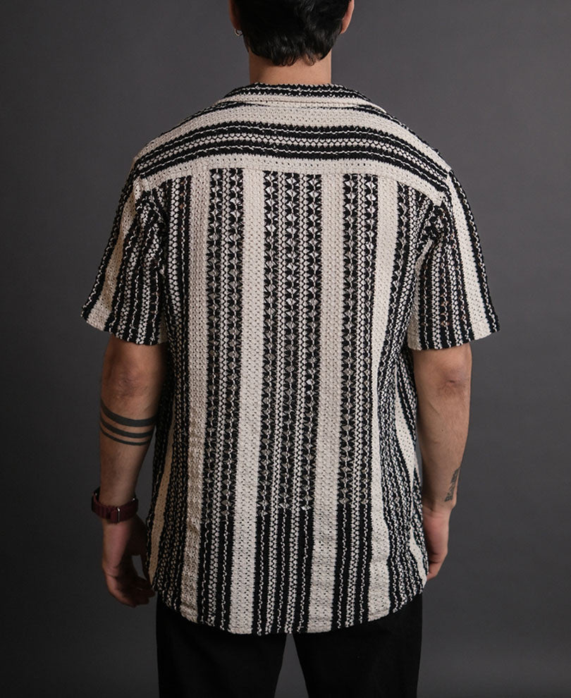 Black and White Crochet Knit Striped Half Sleeves Shirt