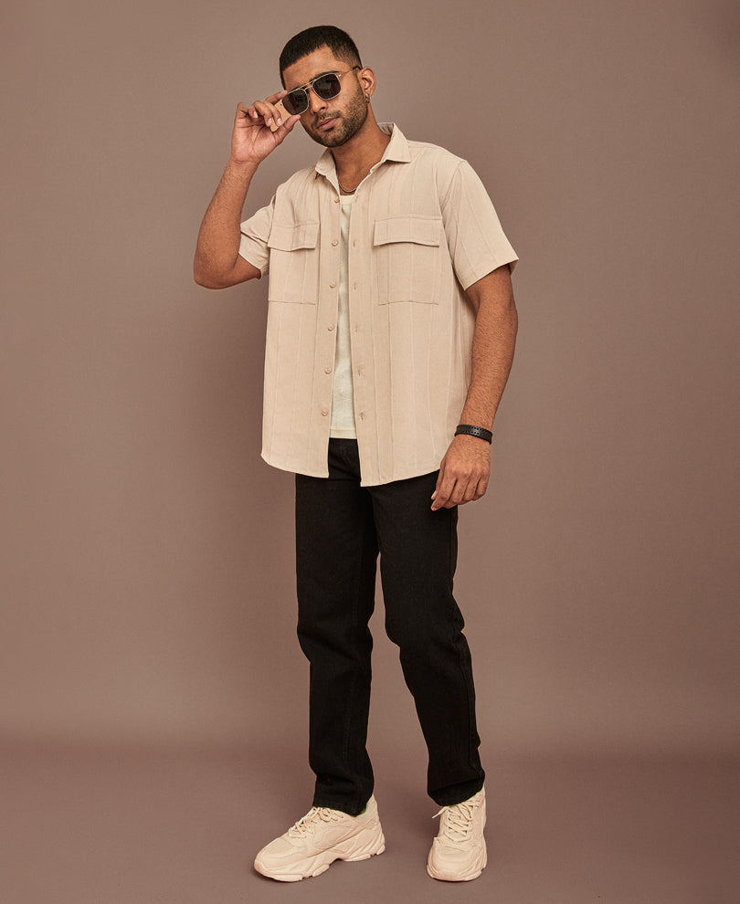 Cream Structured Striped Half Sleeves Shirt
