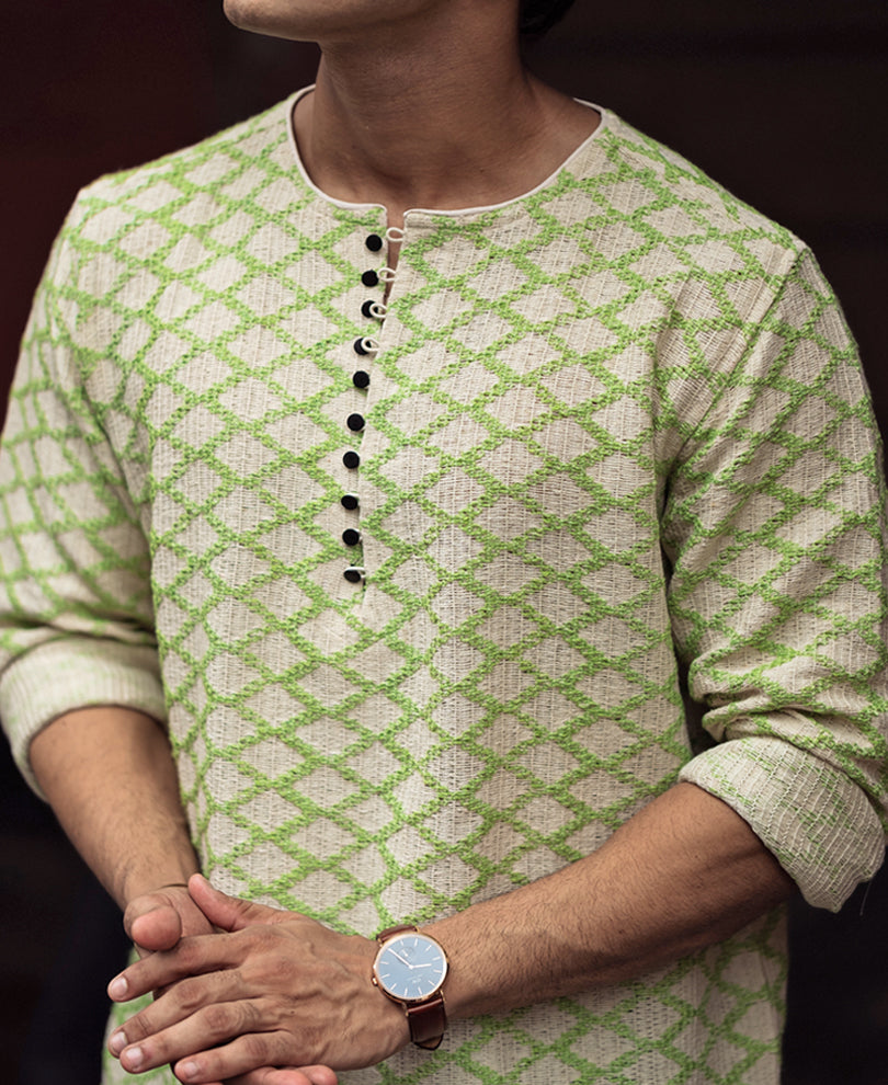 Green and Off White Crochet Kurta Style Shirt