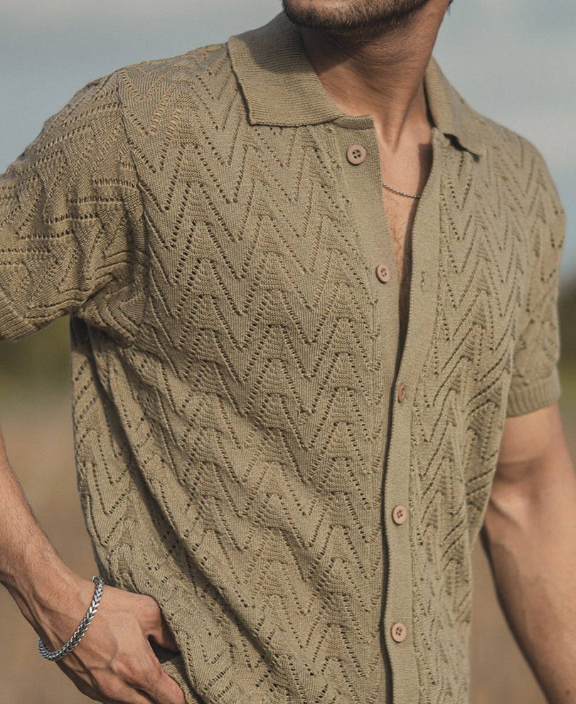 Beige Structured Knitted Half Sleeves Shirt