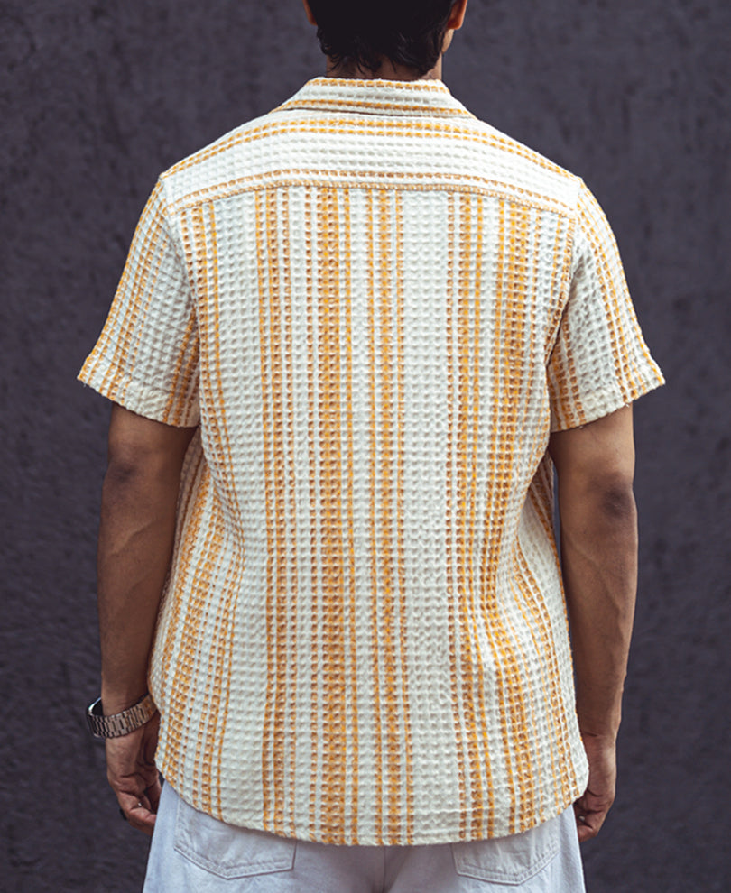 Yellow and Off White Structured Striped Half Sleeves Shirt