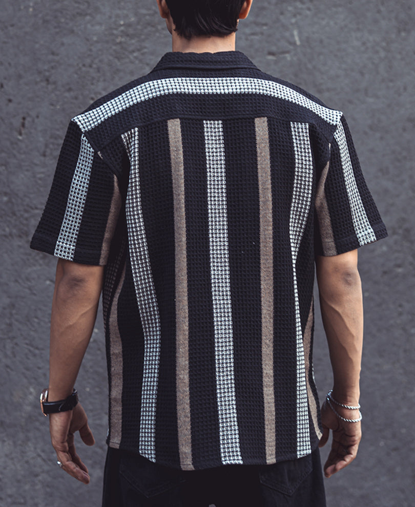 Black Structured Striped Half Sleeves Oversized Shirt