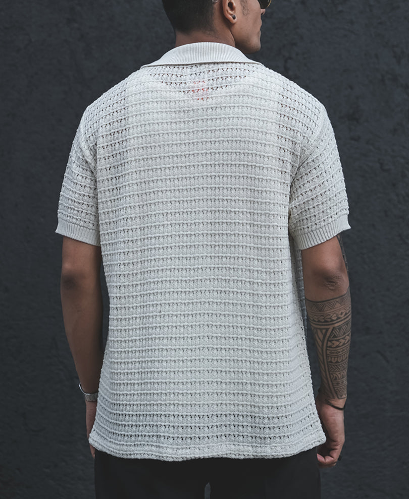 Off White Structured Knitted Half Sleeves Shirt