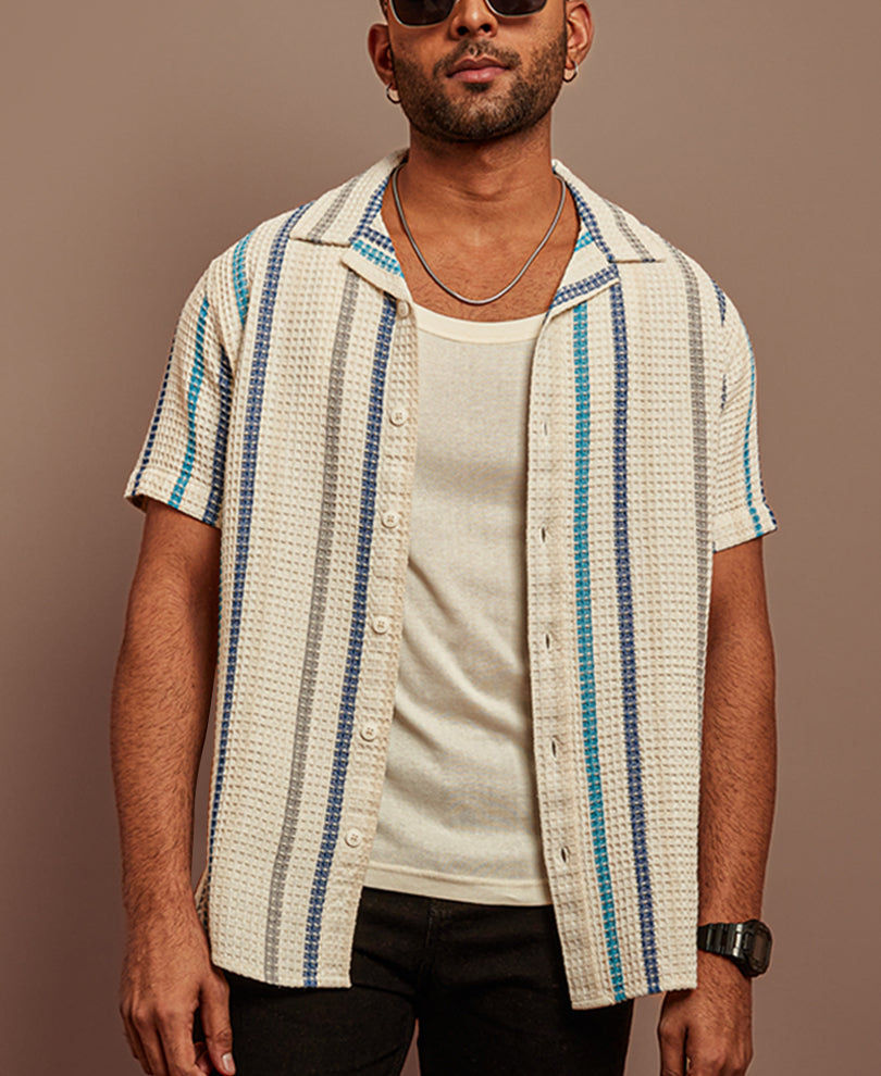 Multicolors Structured Striped Half Sleeves Shirt