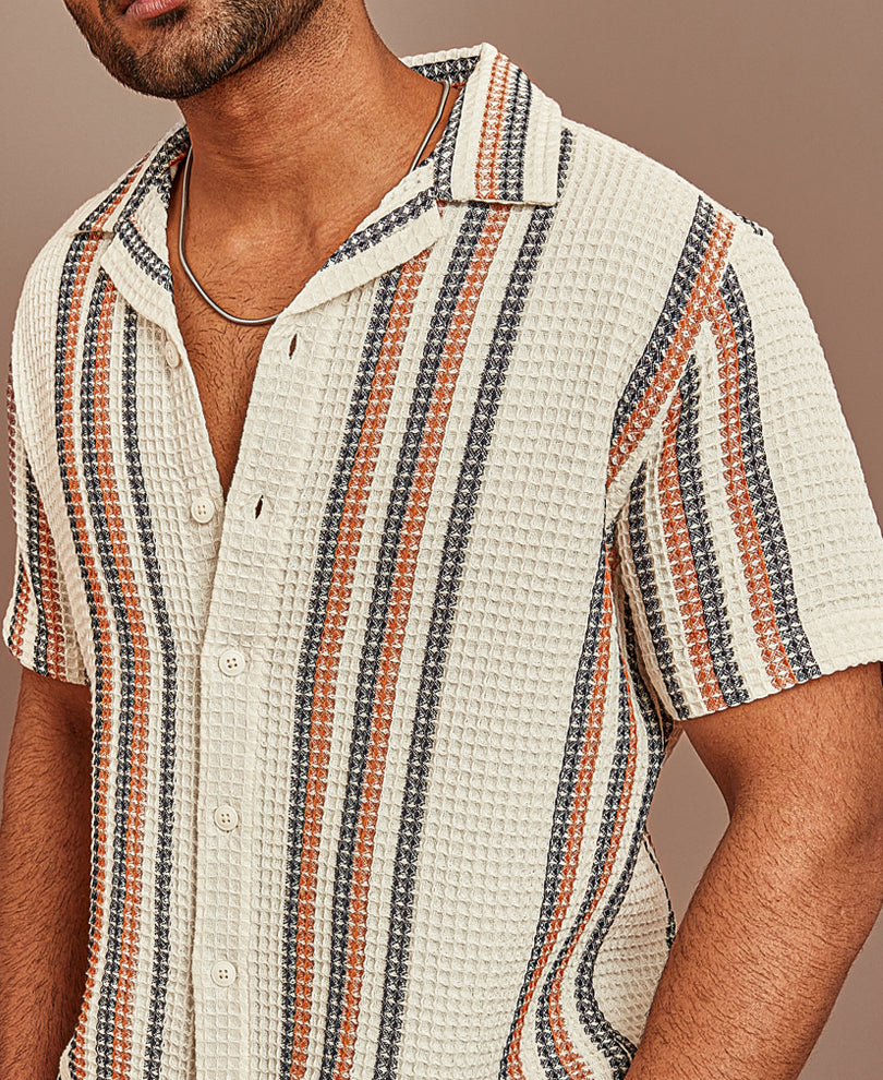 Multicolor Structured Puff Waffle Striped Half Sleeves Shirt