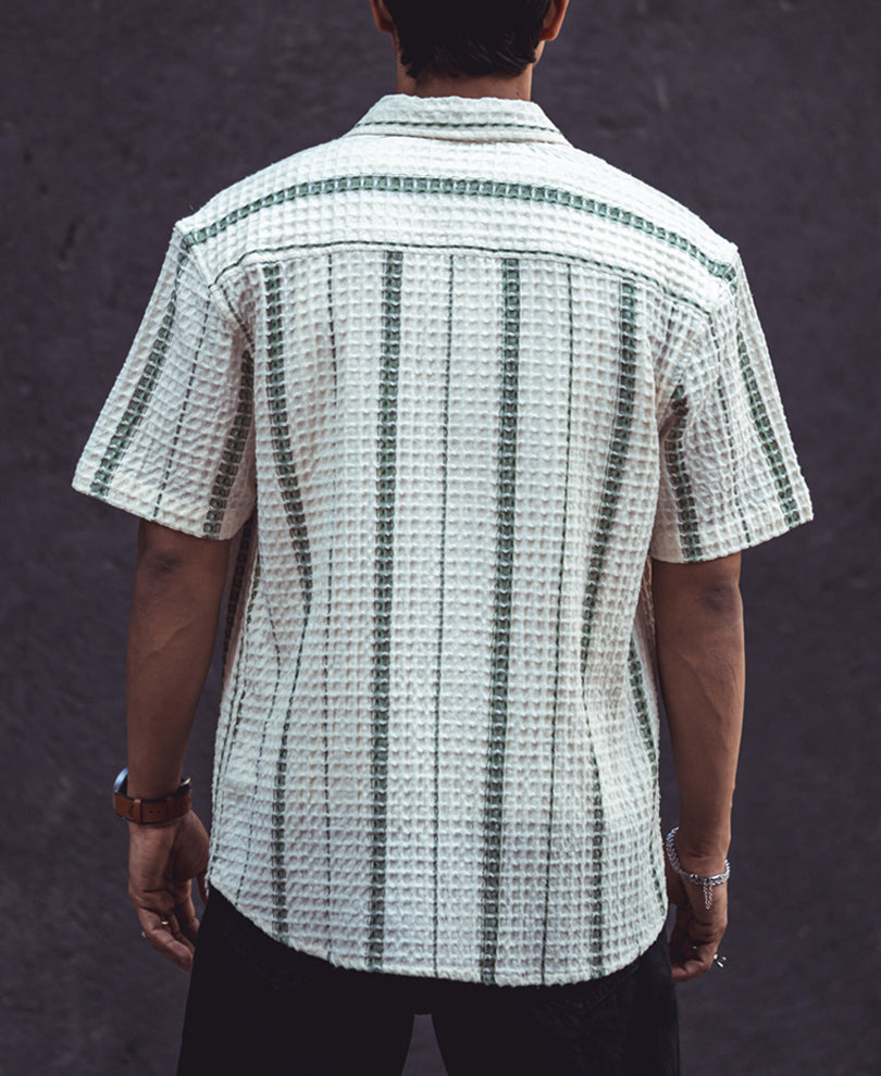 White and Green Structured Puff Waffle Striped Half Sleeves Shirt
