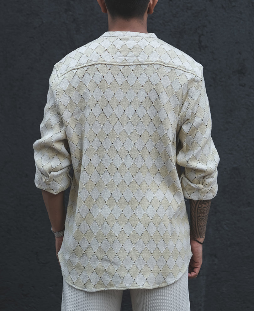 Off White Crochet Kurta Style Shirt