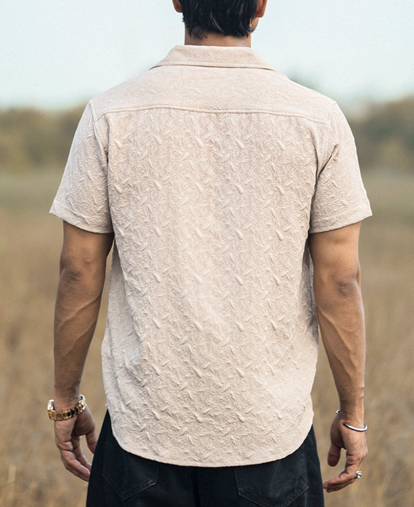 Light Beige Structured Cuban Collar Half Sleeves Shirt