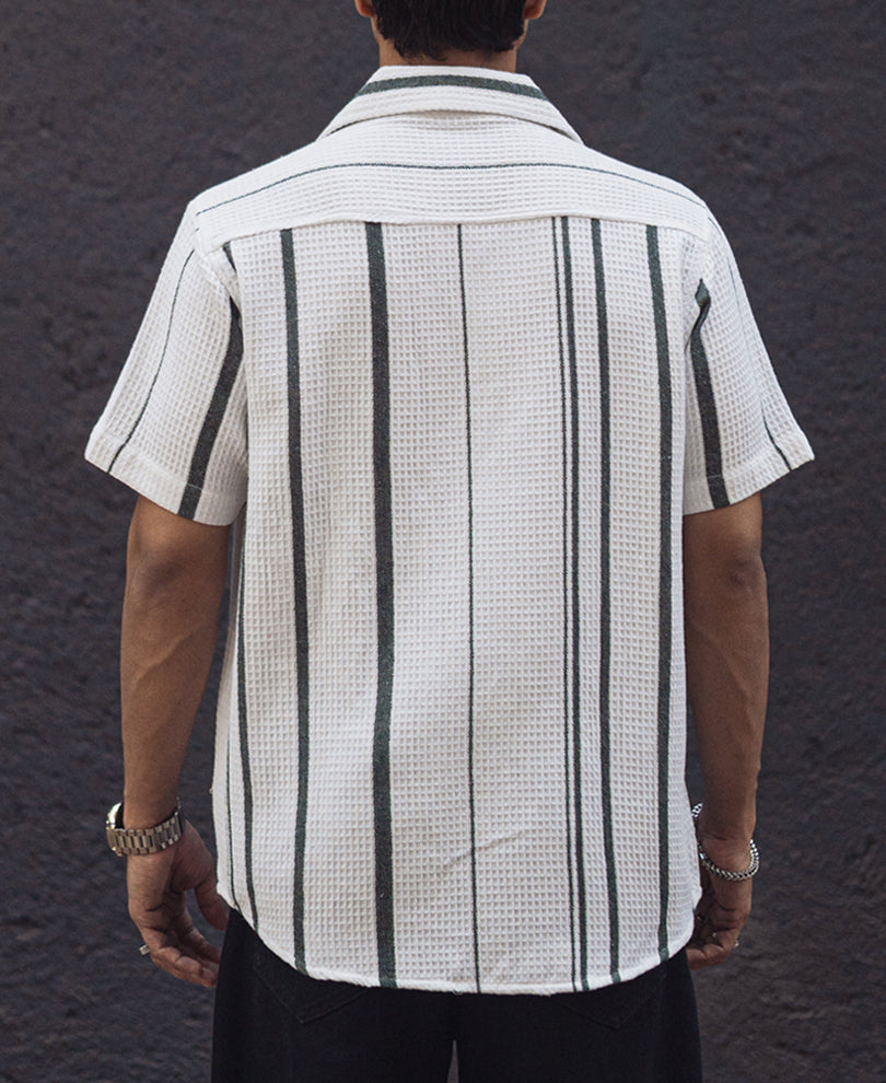 White and Green Structured Striped Regular Half Sleeve Shirt