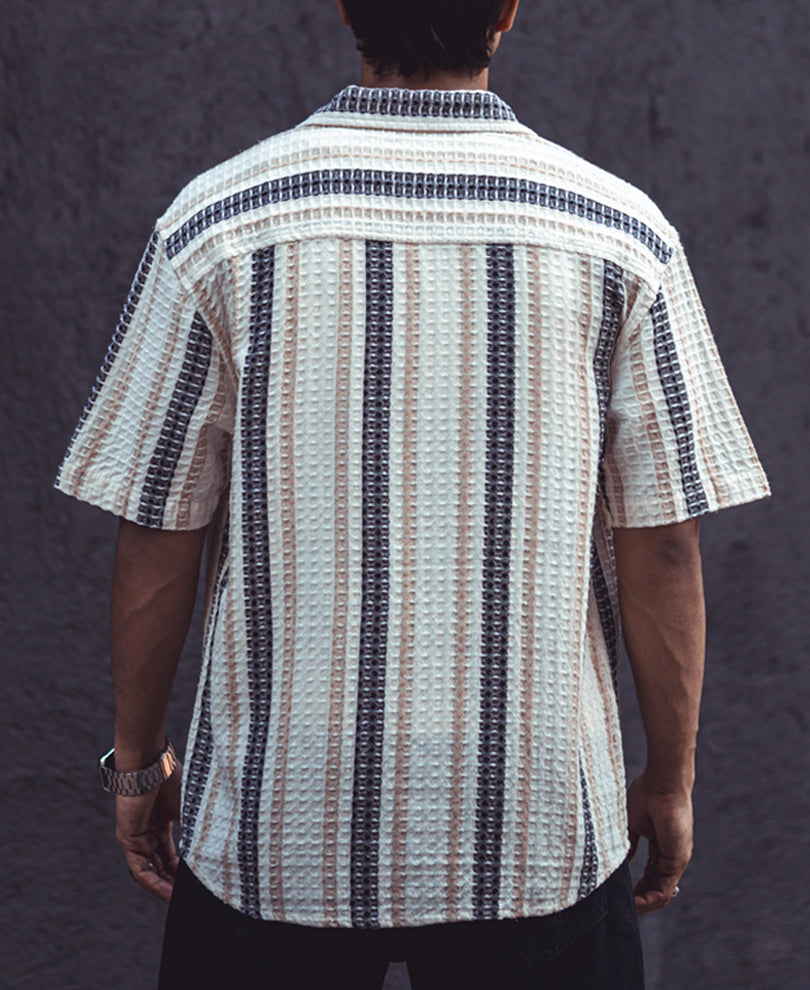 Off White and Black Structured Striped Oversized Half Sleeves Shirt