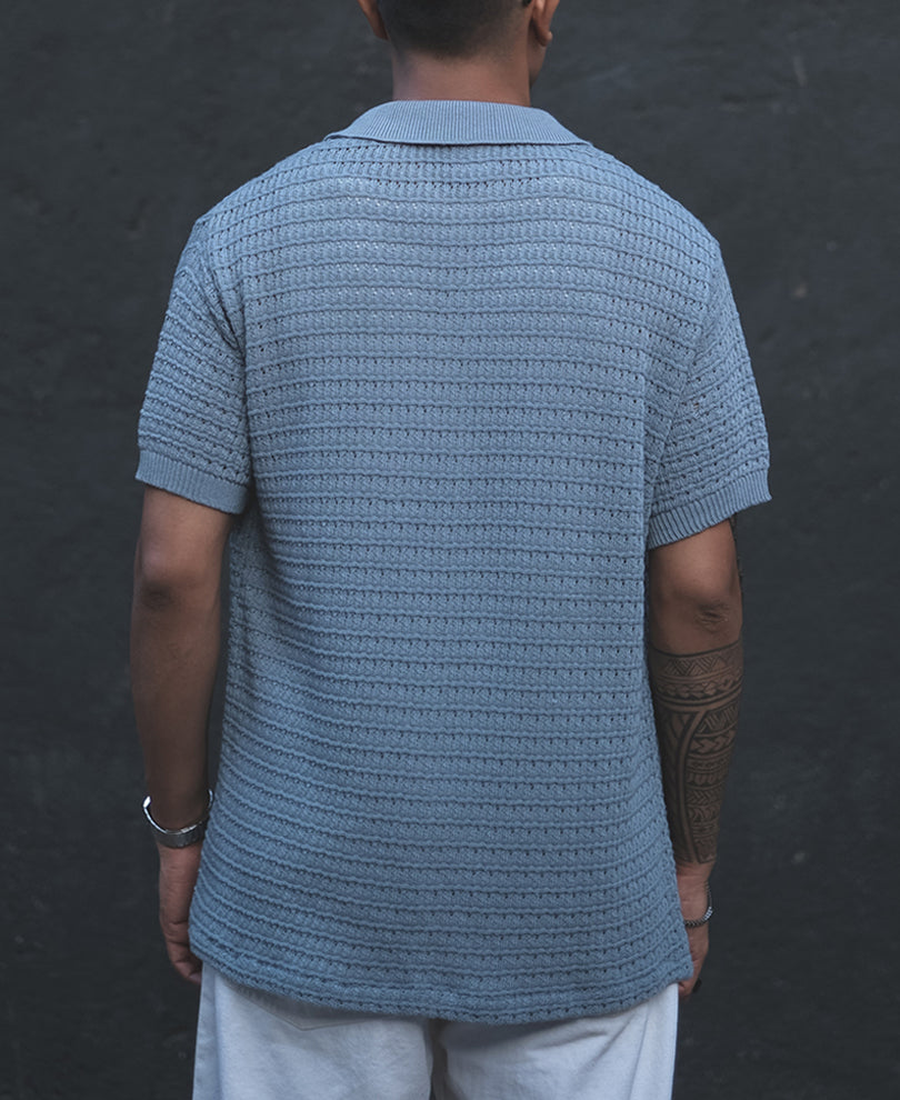 Grey Structured Flat Knit Half Sleeves Shirt