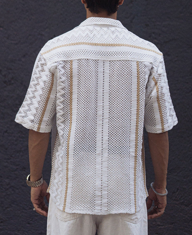 Off White and Beige Crochet Oversized Striped Half Sleeves Shirt