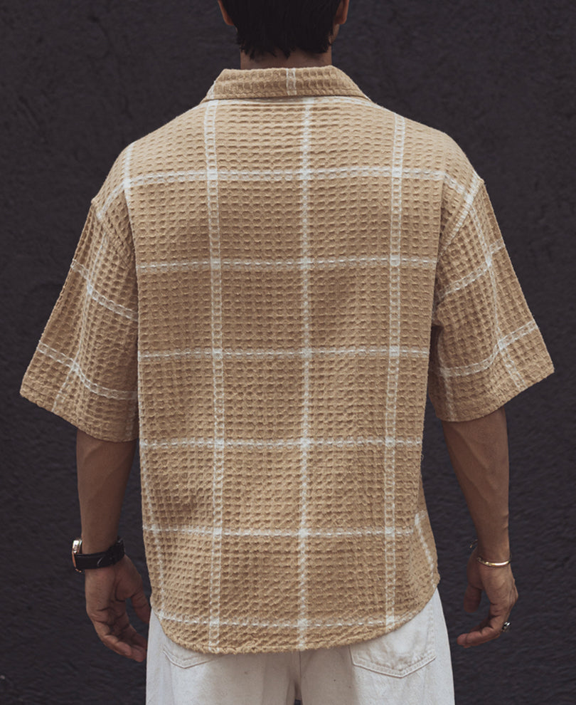 Beige Waffle Structured Checks Half Sleeves Shirt