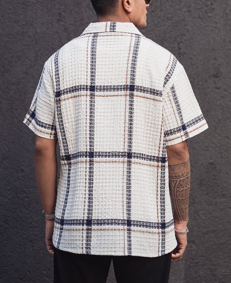 Off White and Navy Blue Structured Checks Half Sleeves Shirt