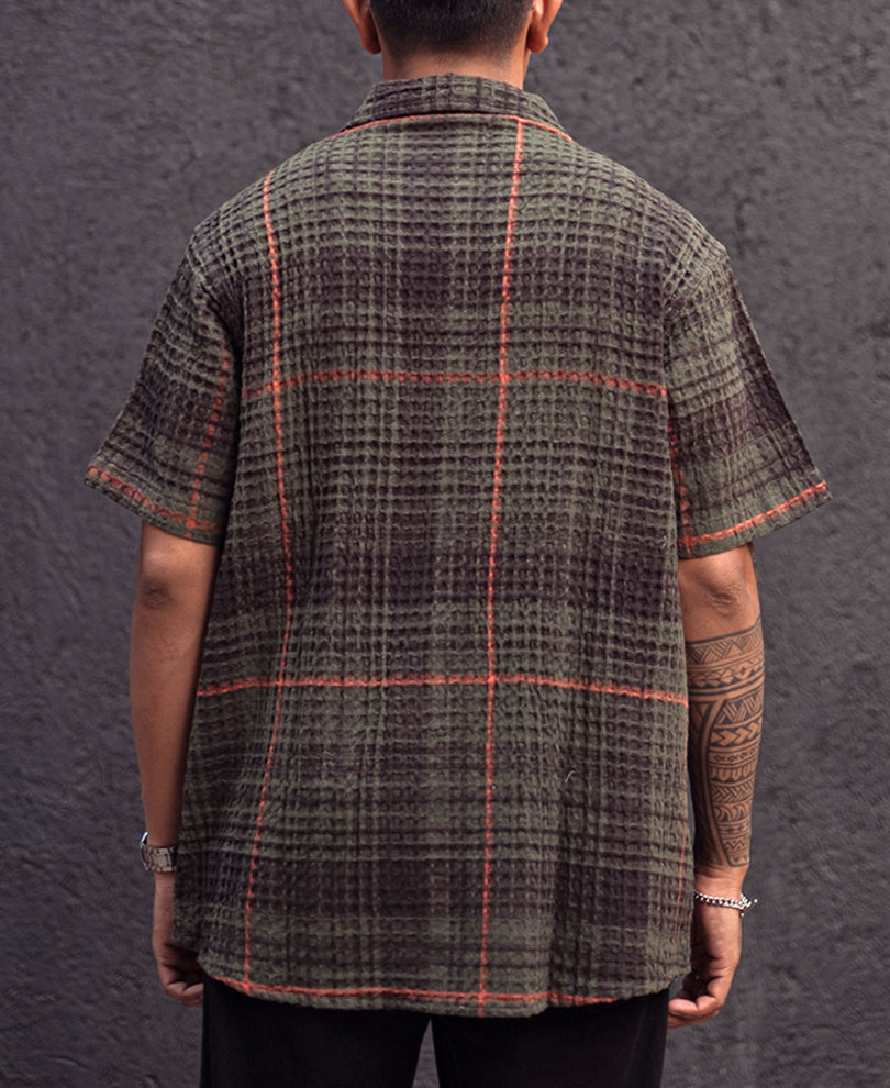 Olive and Black Structured Regular Checks Half Sleeves Shirt