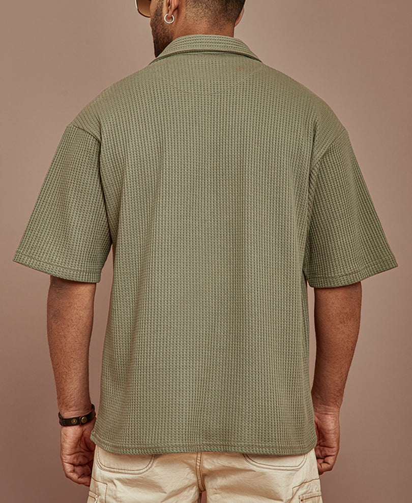 Olive Green Structured Knit Oversized Half Sleeves Shirt