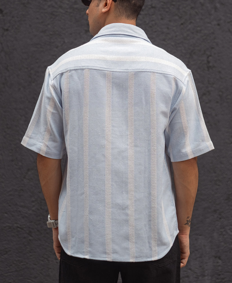 Sky Blue and White Structured Striped Oversized Shirt