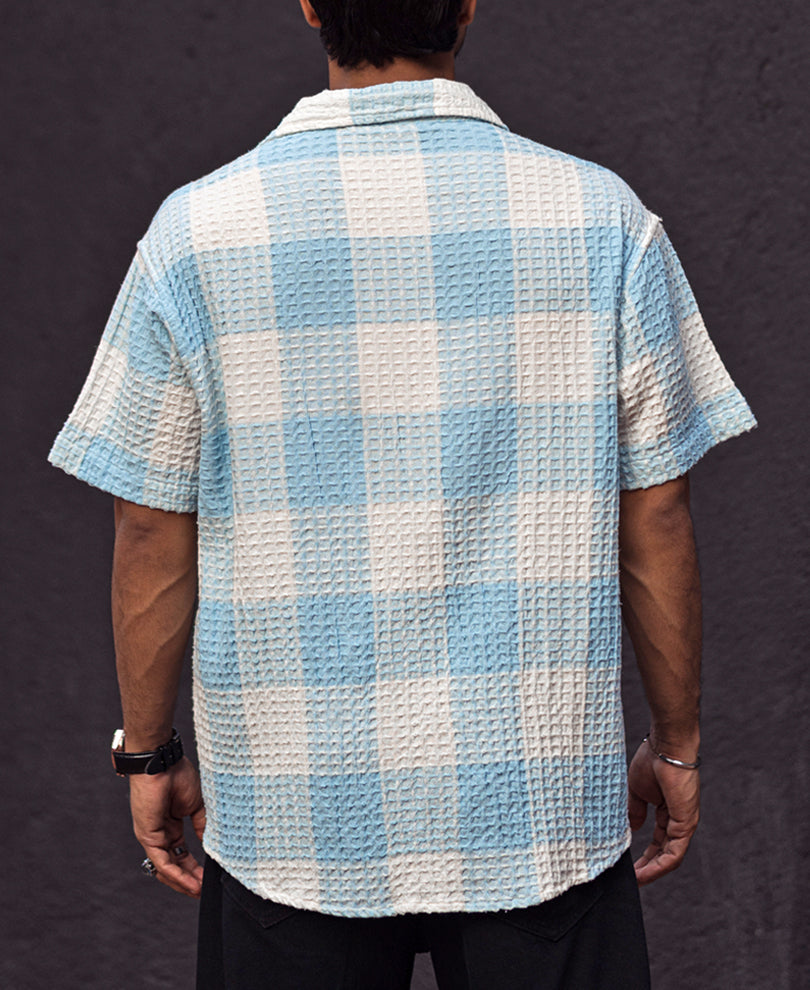 White and Sky Blue Waffle Checks Regular fit Half Sleeves Shirt