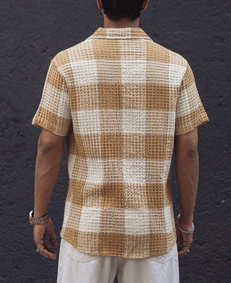 Beige and Off White Structured Checked Oversized Half Sleeves Shirt