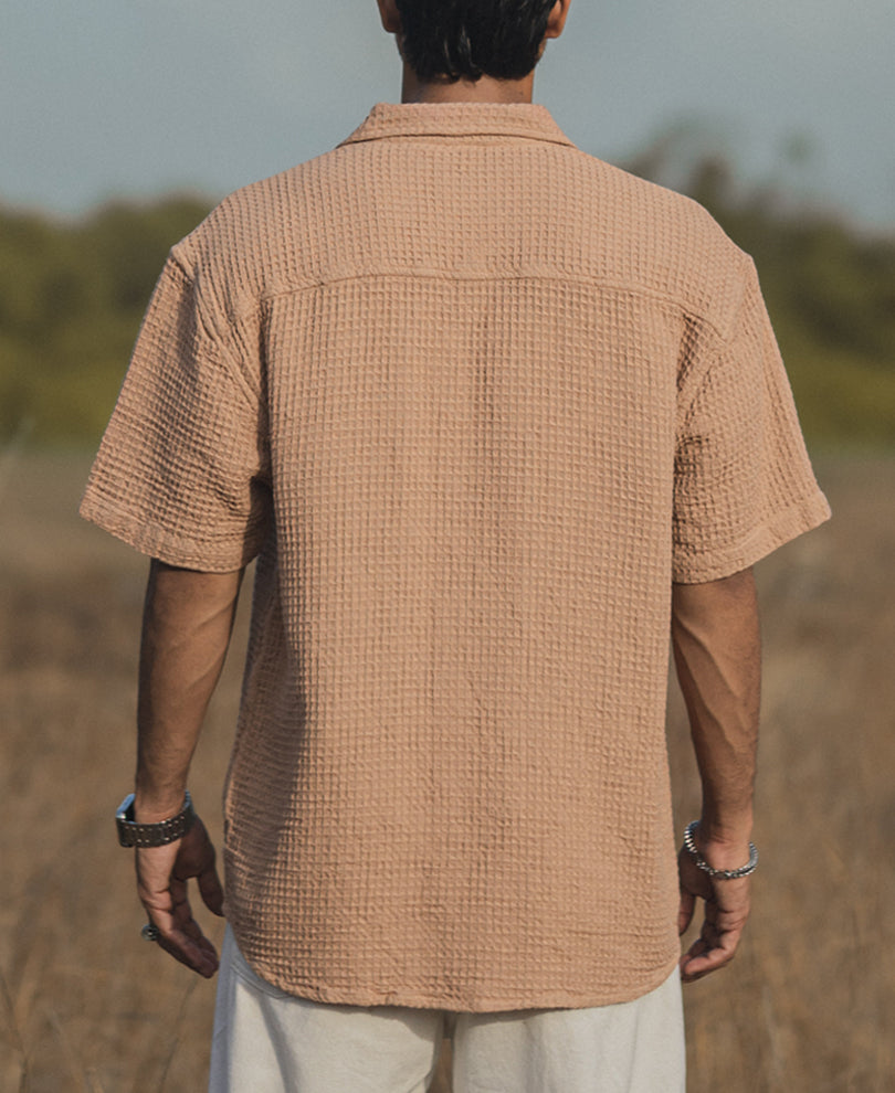 Camel Waffle Structured Oversized Double Pocket Half Sleeves Shirt