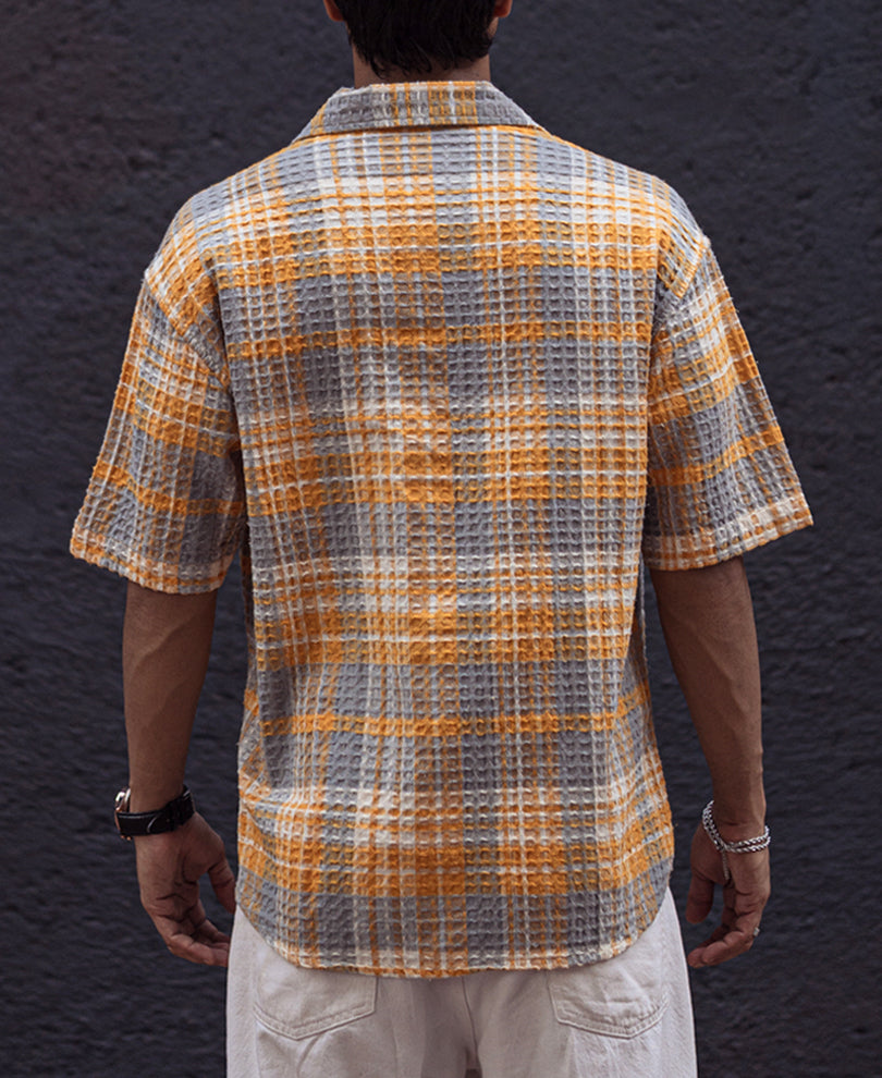 Yellow and Grey Structured Checks Oversized Half Sleeves Shirt