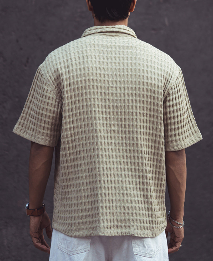 Pista Green Structured Waffle Oversized Half Sleeves Shirt