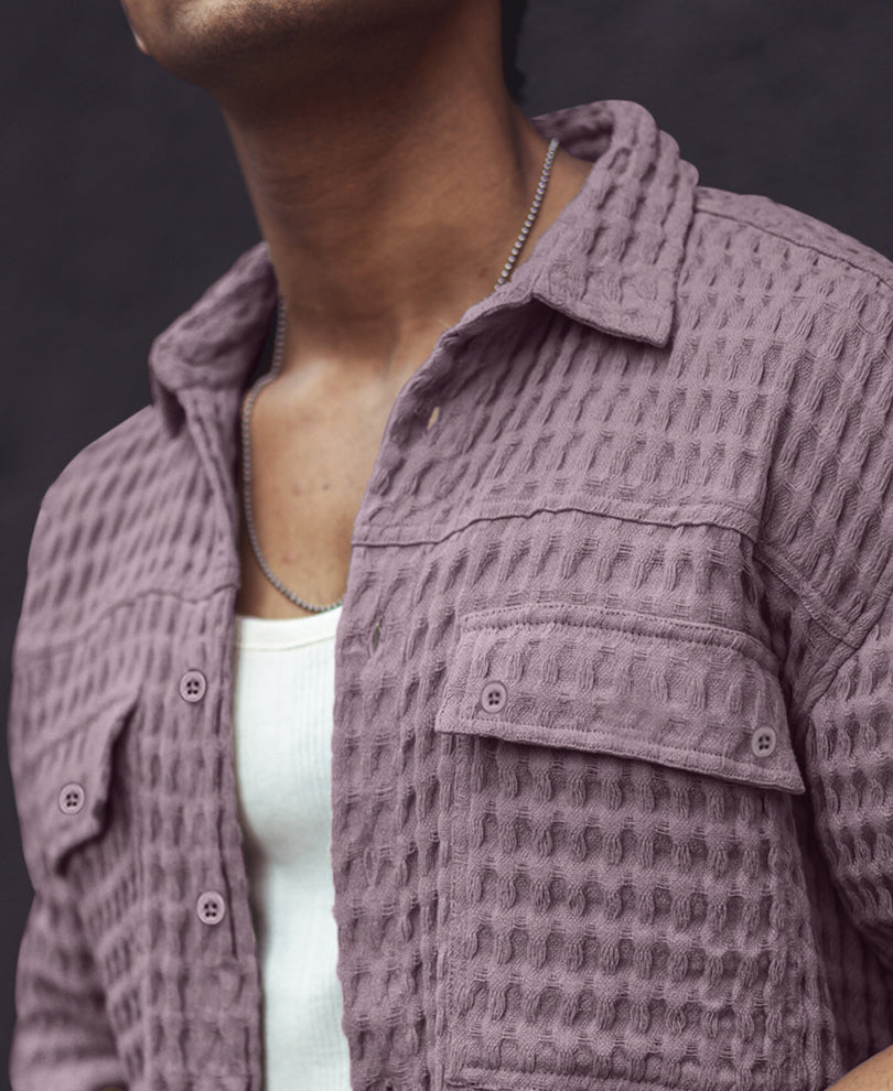 Dull Rose Structured Puff Waffle Oversized Half Sleeves Shirt