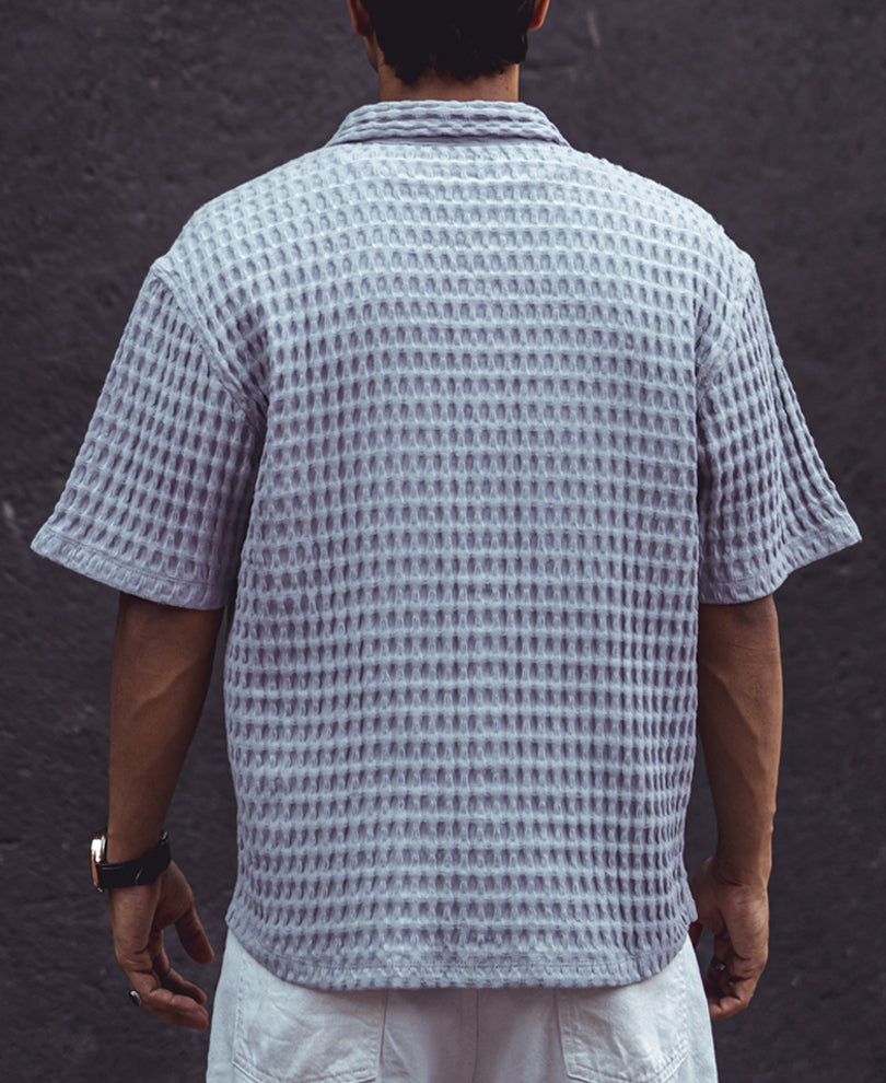 Sky Grey Structured Oversized Double Pocket Half Sleeves Shirt