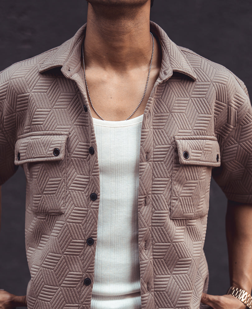 Brown Structured Double Pocket Oversized Half Sleeves Shirt