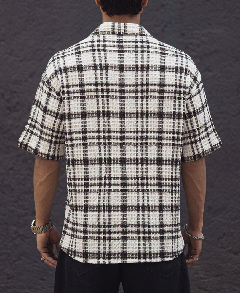 Brown and Off White Structured Oversized Checked Shirt