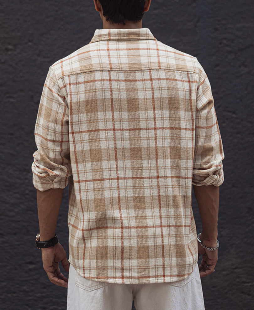 Beige and White Checks Regular Full Sleeves Shirt