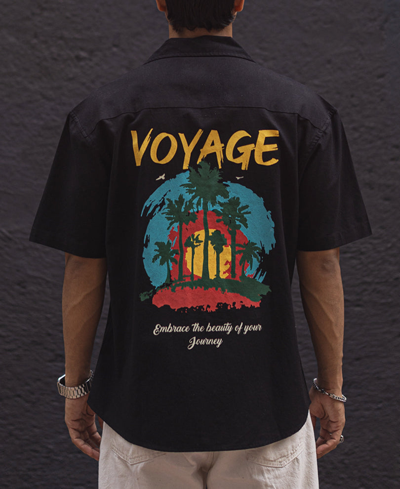 Black Voyage Printed Oversized Half Sleeves Shirt