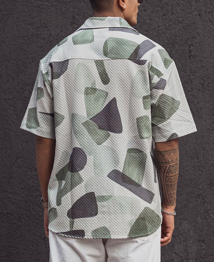 White and Green Structured Printed Oversized Half Sleeves Shirt