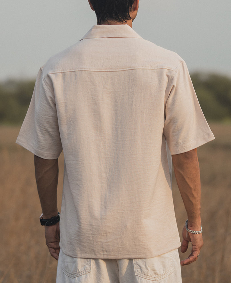Beige Structured Printed Oversized Half Sleeves Shirt